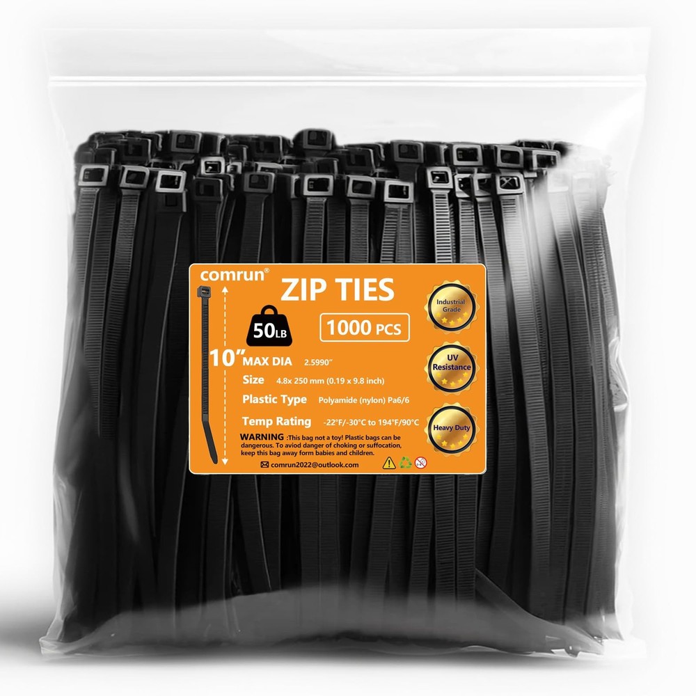 1000 PCS 10 Inch Nylon Zip Ties 50 Pounds Tensile Strength Black Cable Tie