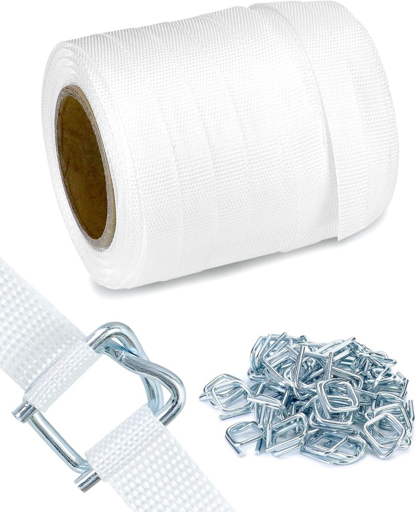 3/4” x 250’ Woven Cord Strapping, 2400 lb, 50 Buckles, Heavy-Duty Poly, 6×3 Core