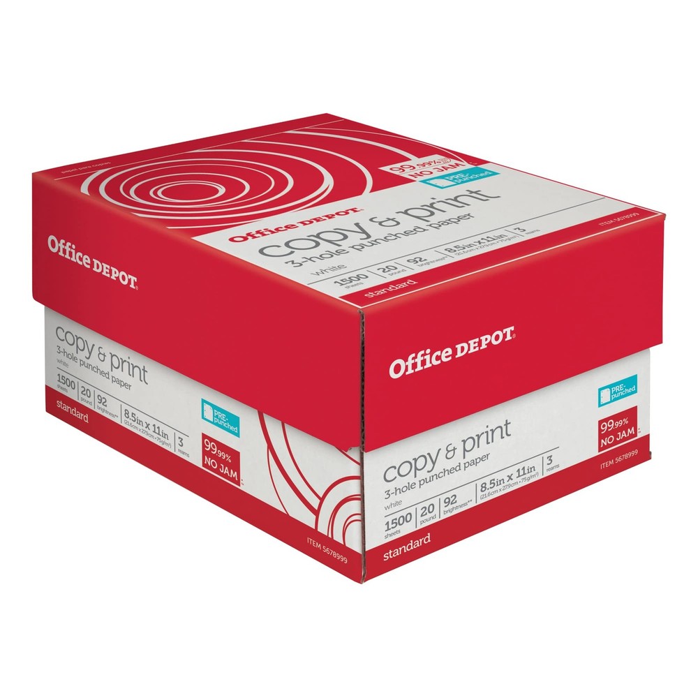 Office Depot® 3-Hole Punched Multi-Use Printer & Copy Paper, 3 True, White