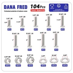 104pcs 304 Stainless Steel Bolts Nuts and Washers Kit,1/4-20,5/16-18,3/8-16 H…