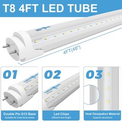 T8 LED Tube Light Bulbs 4 Foot 20W 40W Equivalent, 5000K Daylight 2000LM, T8 T10