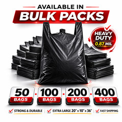 XL Black T-Shirt Bags 20x10x36″ 0.87 Mil HEAVY DUTY Grocery Shopping Plastic