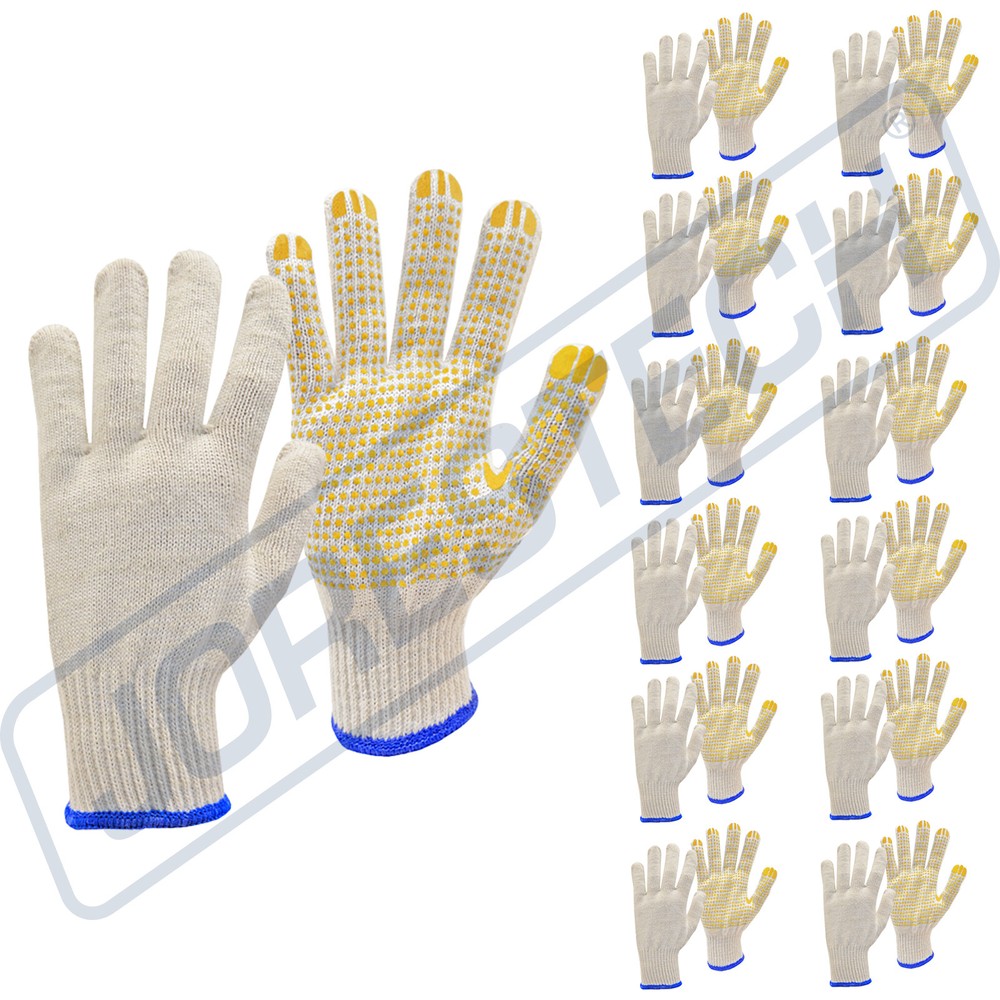PVC-Dotted String Knit Gloves, Natural White/Blue, 12 Pairs