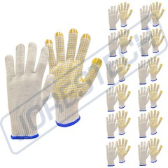 PVC-Dotted String Knit Gloves, Natural White/Blue, 12 Pairs