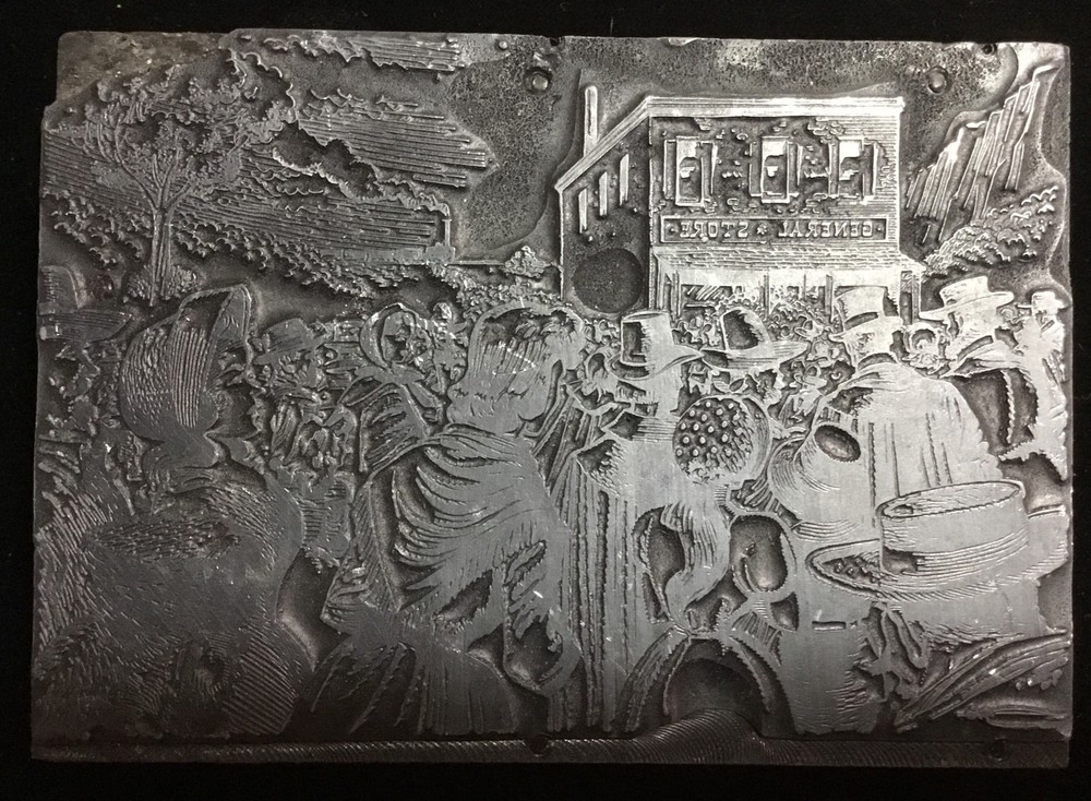 Vintage 1800’s Metal Die Stamp General Store Crowd Scene Original Paper Backing