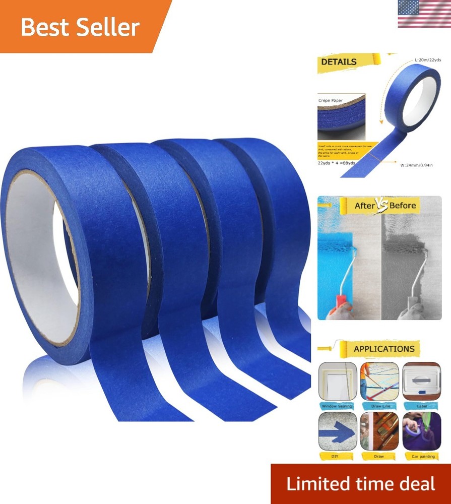 4 Rolls Blue Masking Tape – Acid-Free, Non-Toxic, Perfect for Crafts & Painting