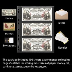100 Sheets Currency Pages for Paper Money Collection 3 Pockets Currency Sleeve