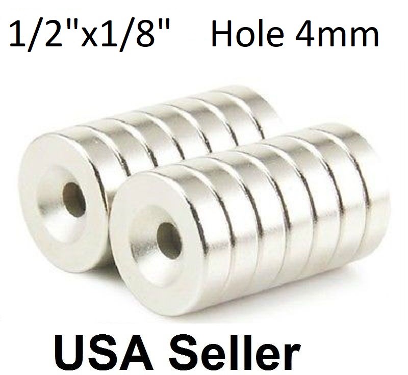 50 100 Strong Countersunk Ring Magnets 1/2″ x 1/8″ Hole 4mm Rare Earth Neodymium