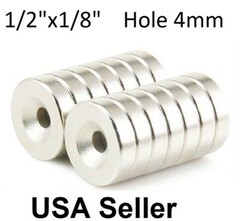 50 100 Strong Countersunk Ring Magnets 1/2″ x 1/8″ Hole 4mm Rare Earth Neodymium