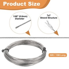 50ft (15M) 0.6mm Stainless Steel Wire Rope 7×7 Strand with 20pcs Loop Sleeves