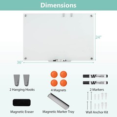 36 x 24 Inches Glass Whiteboard w/Eraser, Removable Tray, 2 Markers, 4 Magnets
