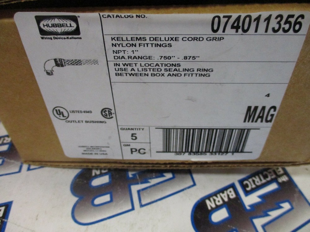 Hubbell 074011356, (6) KELLEMS DELUXE CORD GRIP 1″ NPT NYLON FITTINGS- NEW-S
