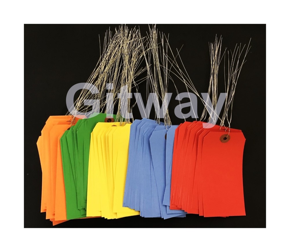 100 of 4 3/4″ x 2 3/8″ Size 5 Colored Inventory Shipping Hang Tags with Wire