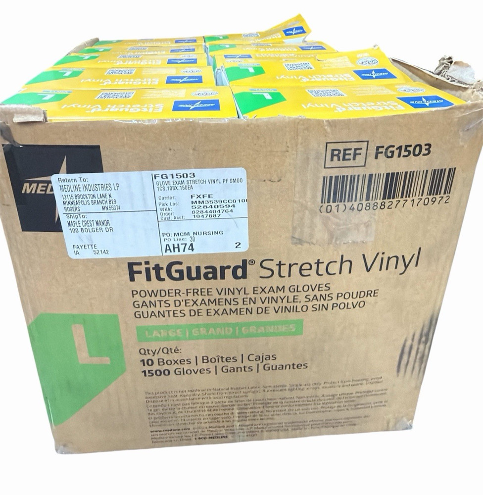 10 Boxes (150 Gloves each) Medline FitGuard FG1503 Stretch Vinyl Exam Gloves L