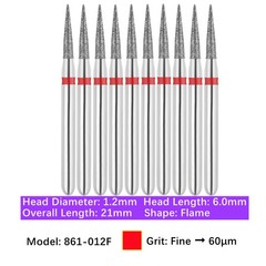 Vakker 10pc Dental 861-012F Fine Grit FG Diamond Burs Friction Grip Flame Shape