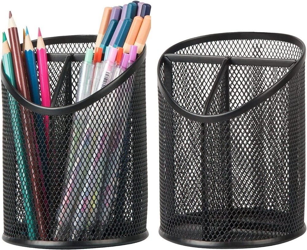 2 Pack Pen Holder Mesh Round Pencil Holder Desktop Organizer 3 Compartments, …