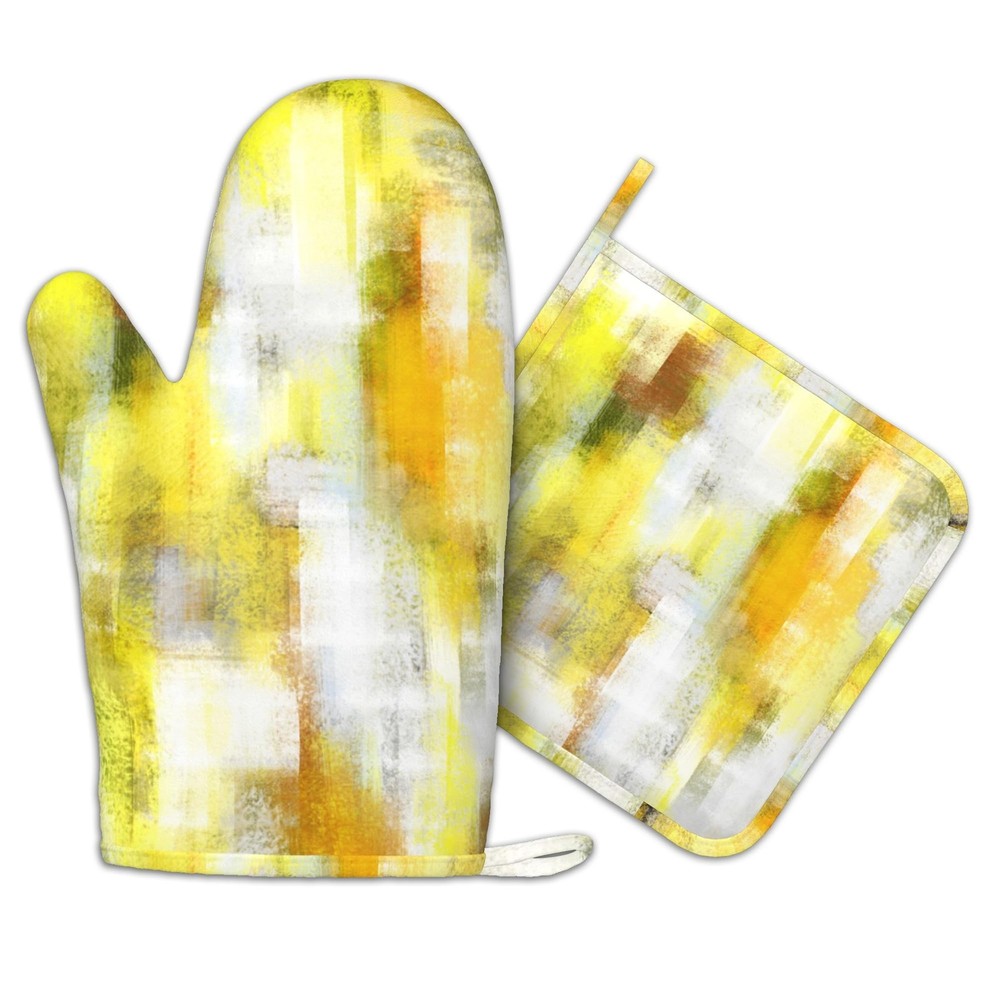 Yellow Modern Art Gray Oven Mitts and Pot Holders Heat Resistant Kitchen Glov…
