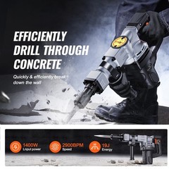VEVOR Demolition Jack Hammer Concrete Breaker 1400W Hammer 2 Chisel Bit Black