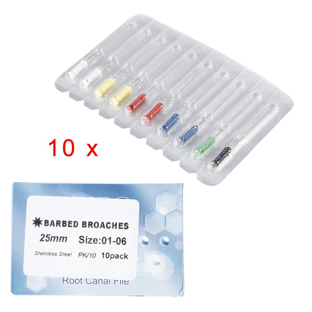 10pc Dental Barbed Broaches #1-6 Assorted Handle Endodontic File 25mm Stainless