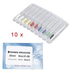 10pc Dental Barbed Broaches #1-6 Assorted Handle Endodontic File 25mm Stainless