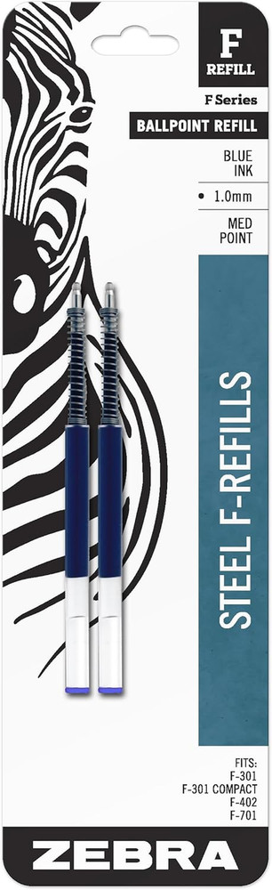 Zebra F-Series Ballpoint Stainless Steel Pen Refill, Medium Point, 1.0Mm, 2-Cou