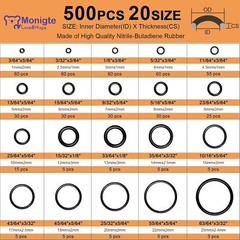 500 Pcs 20 Sizes O Ring Kit,Rubber O-Ring Assortment Kit, Rubber Washers Pressur