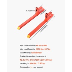 Uimoso 2000 lbs 43″ Clamp on Pallet Forks Quick Attach Tractor Forks