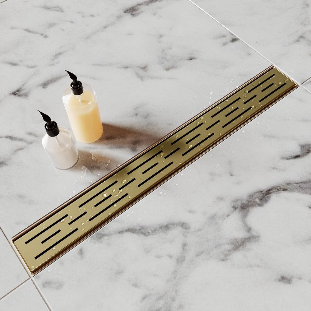 24 Inch Brushed Titanium Gold Linear Shower Drain with Brick Pattern Grate 304