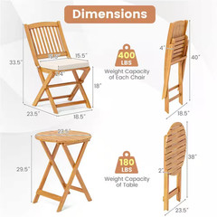 3-Piece Acacia Wood round Table 18 In. Outdoor Bistro Set with Beige Cushions
