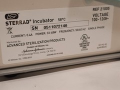 ASP Sterrad Incubator 58°C, 21005. 100-120VAC, 0.4A, 33-48W, 50/60Hz, 1PH