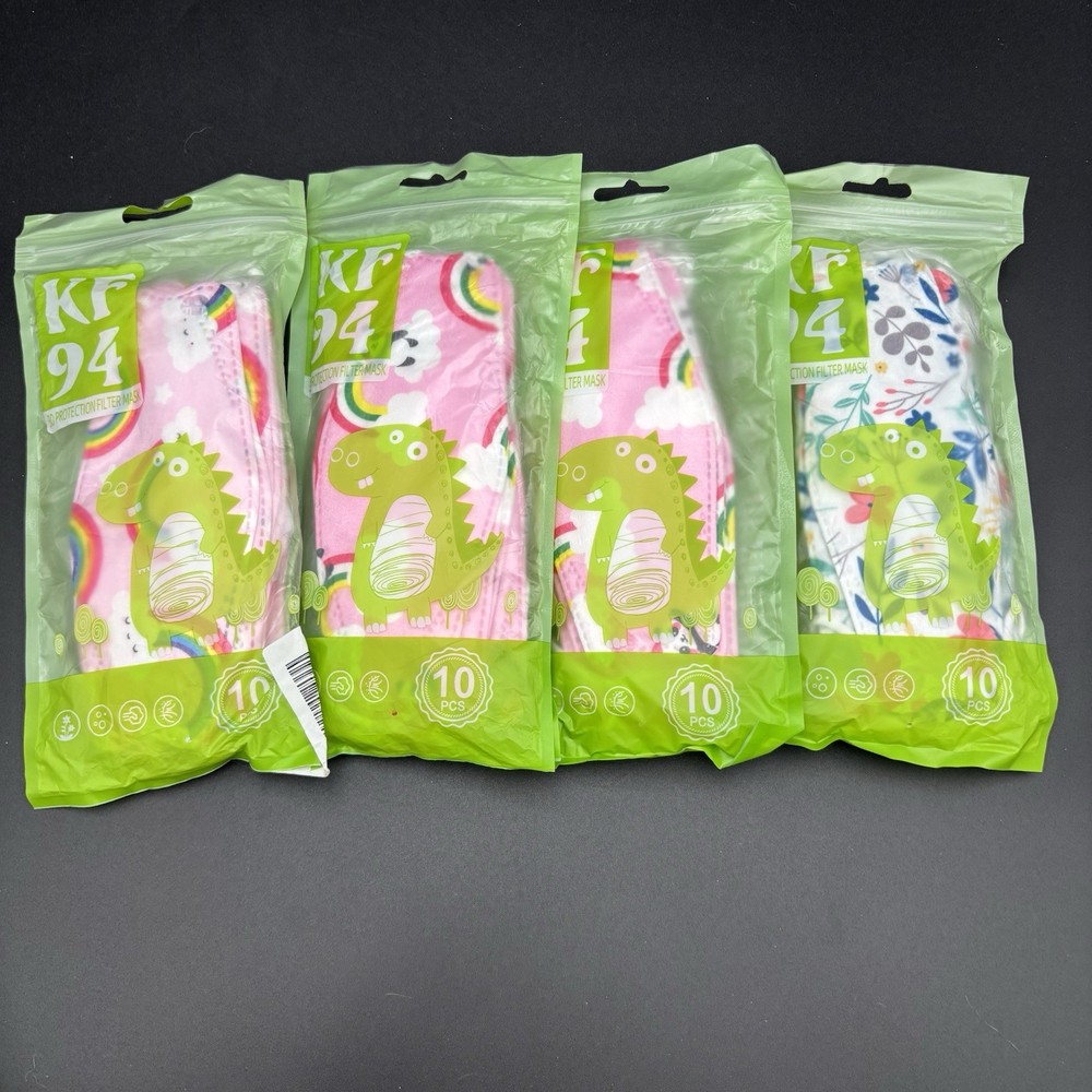 (40) Kid’s Face Masks KF94 Pink With Clouds & Rainbows & White Floral Disposable