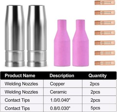 MIG Welding Nozzle Set 11PCS 15AK (0.8/1.0mm Contact Tips/Copper/Ceramic Nozzle)