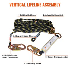 Vertical Lifeline Assembly 0.55” x 50′ Fall Protection Rope 30 KN ANSI