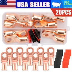 10×1/0 AWG Gauge Copper Lugs + 10xHeat Shrink Ring Terminals Wire Connectors Kit