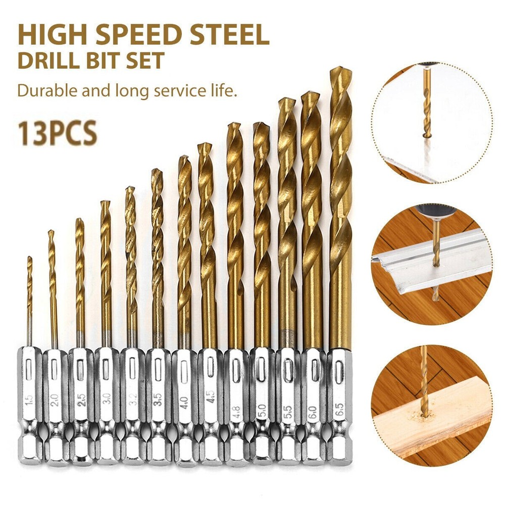 13pcs 1/4” Hex Shank Titanium Coated HSS Steel DRILL BIT Set Metal Wood Plastic