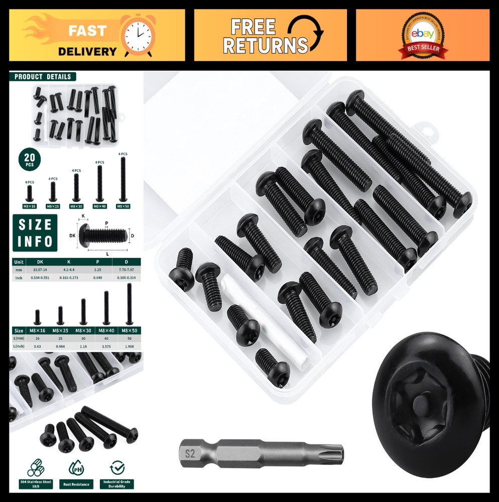 M8 Torx Security Screws Kit – 304 Stainless Steel, Tamper Resistant, 20 Pieces