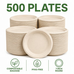125/250500/1000pcs 7 Inch Compostable Disposable Bagasse Round Party Plates