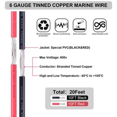 6 Gauge Wire,10Ft Black & 10Ft Red 6 AWG Tinned Copper Electrical Wire Cable,…