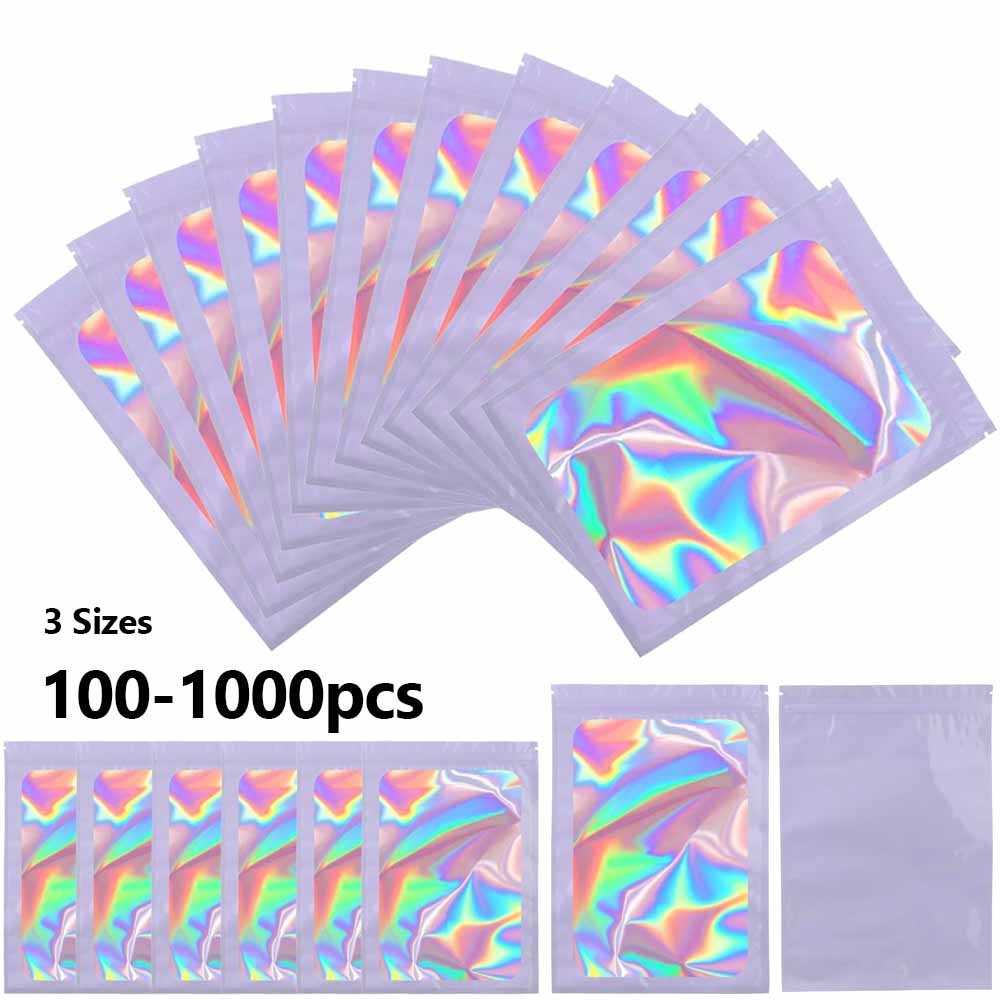 Holographic Mylar Bags Resealable Foil Pouch Zip Bags Smell Proof Food Storage