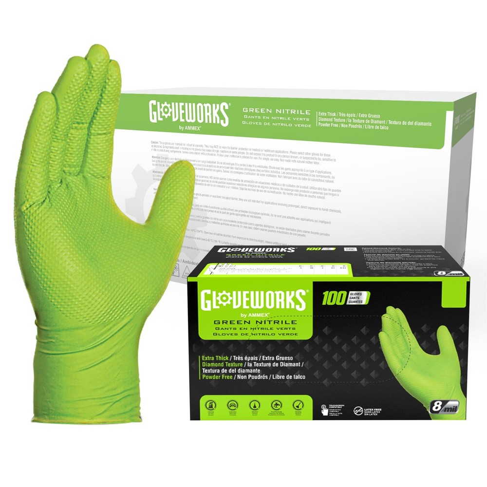 Disposable Nitrile Gloves 8 Mil Medium 1000 Case HD Green GLOVEWORKS Industrial