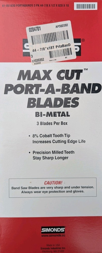 44-7/8″ X 1/2″ X 020 X 18 Porta-Band Saw Blades 3 Pack Simonds