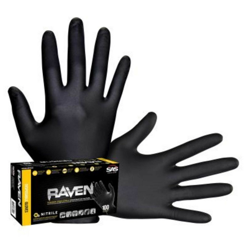 SAS Safety 66518 Raven Powder-Fre​e Black Nitrile 6 Mil Gloves, Large, 30 Pack.