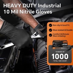 UYKKE 10mil Nitrile Gloves Thick,Industrial Disposable X-Large, Black-1000pcs