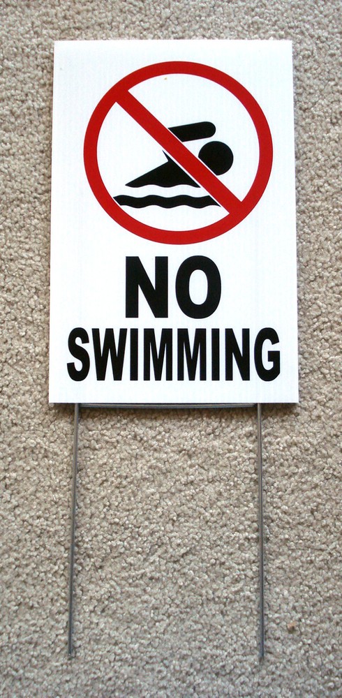 NO SWIMMING with Symbol 8″ x12″ Plastic Coroplast Sign with Stake