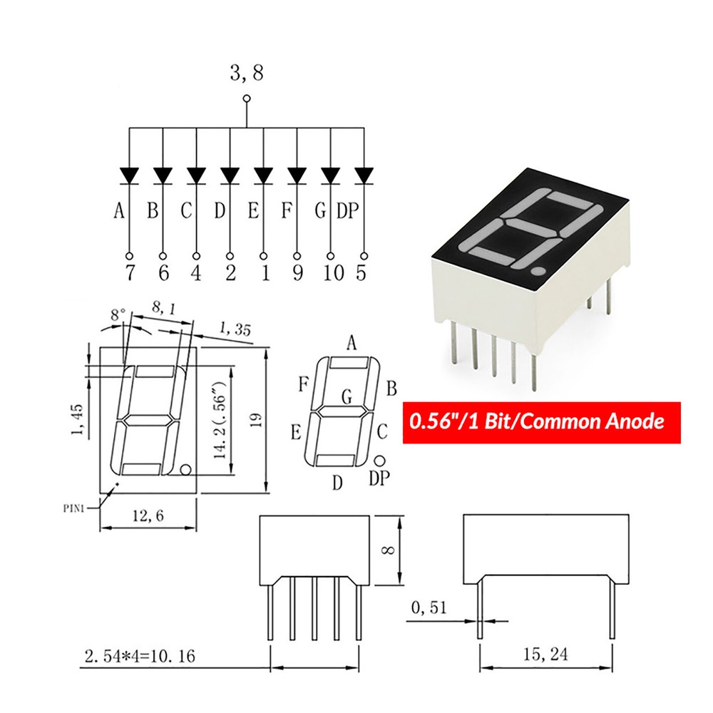 0.36 inch 0.56 inch Red LED Display 7 Segment Common Cathode/Anode 1 2 3 4 Digit