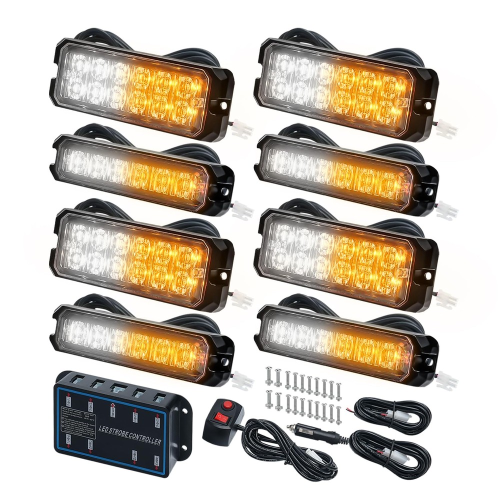 ELECHOI 8-pcs Ultra Slim Amber White LED Emergency Flashing Warning Strobe
