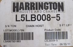 NEW HARRINGTON L5LB008-5 CHAIN HOIST 3/4 TON 5FT LIFT L5LB0085