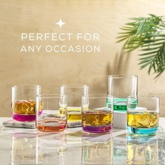 JoyJolt Hue Colorful Whiskey Set of 6, 10oz Drink Glasses, Double Old Fashioned