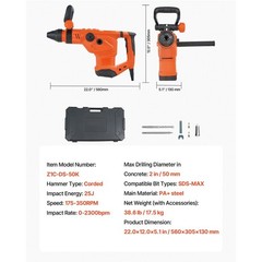 Corded Hammer Drill, 1600W 175 – 350RPM SDS – Max Rotary Hammer, 3 Functions for