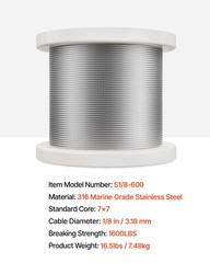 VEVOR T316 Stainless Steel Cable 1/8″ 7×7 Steel Wire Rope 600 ft Cable Railing